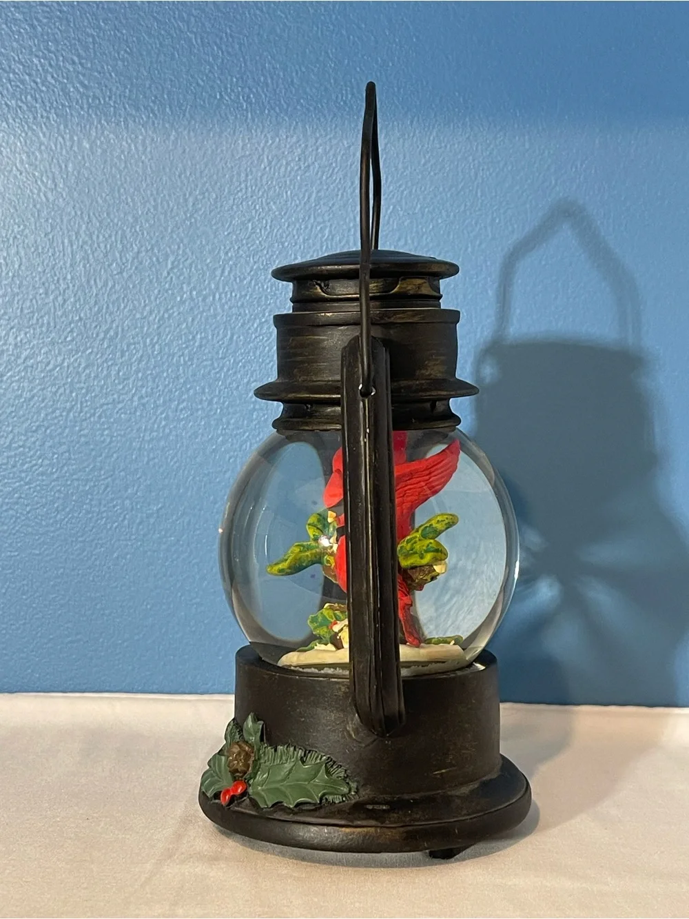 Vintage-Style Black Lantern Snow Globe with Red Cardinals